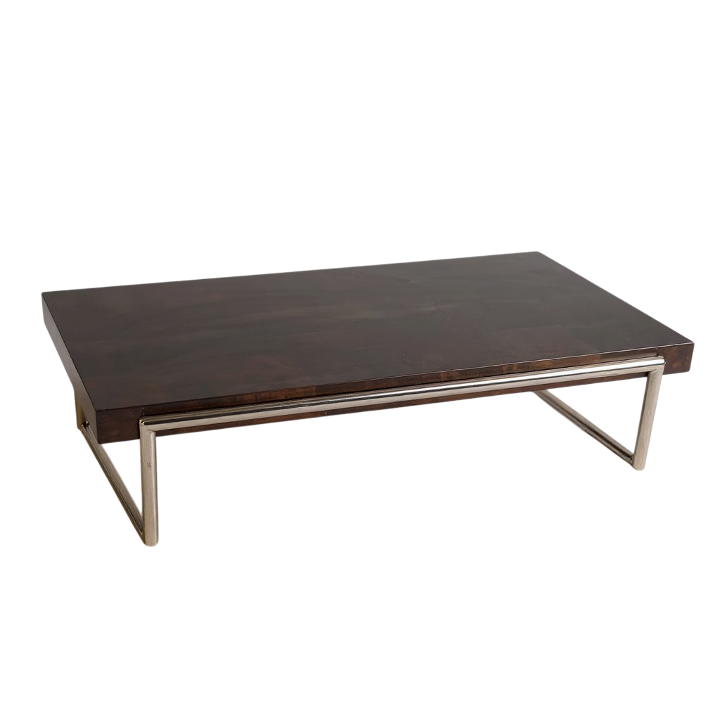Designer Dark Wood Coffee Table with Polished Chrome Frame