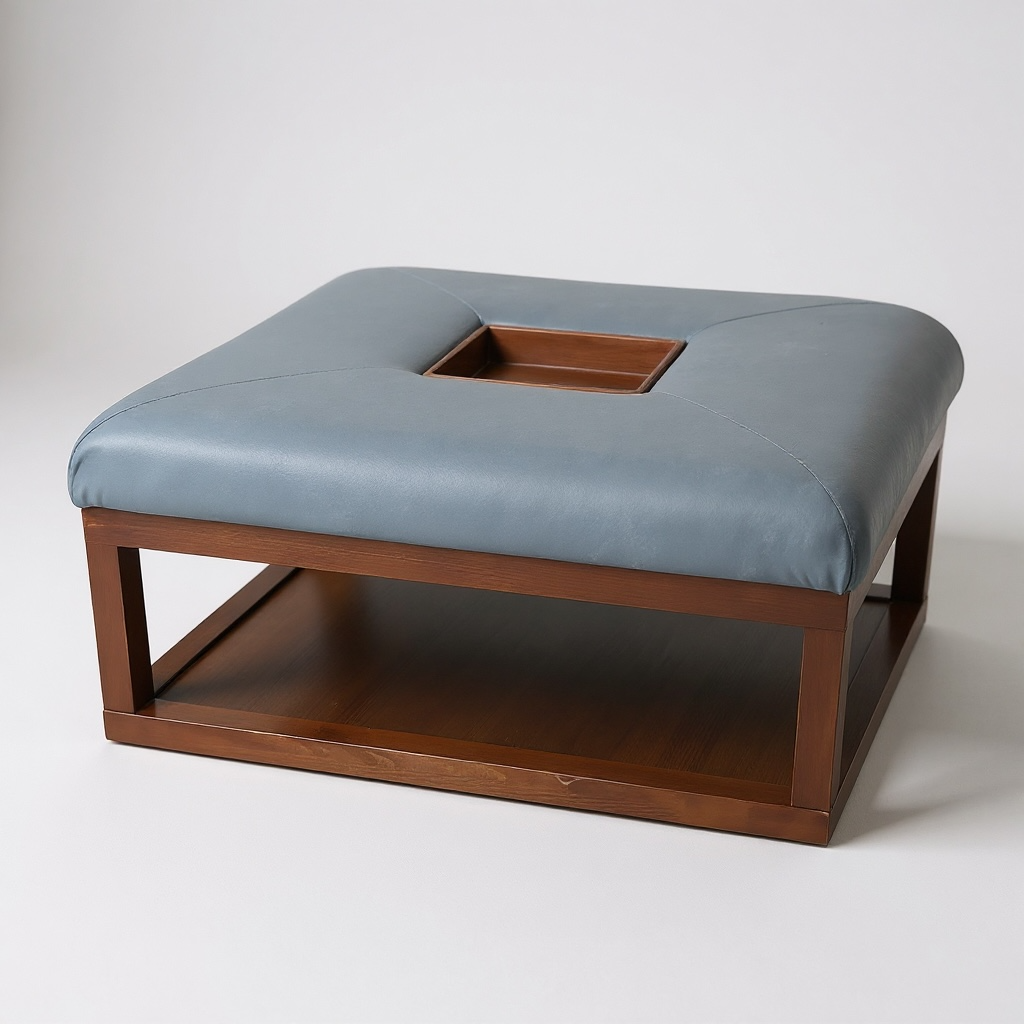 Blue Upholstered Ottoman with Wood Base & Center Tray
