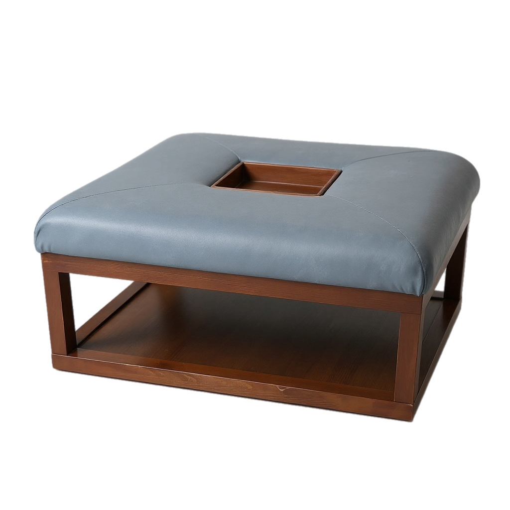 Blue Upholstered Ottoman with Wood Base & Center Tray