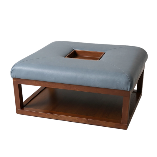 Blue Upholstered Ottoman with Wood Base & Center Tray